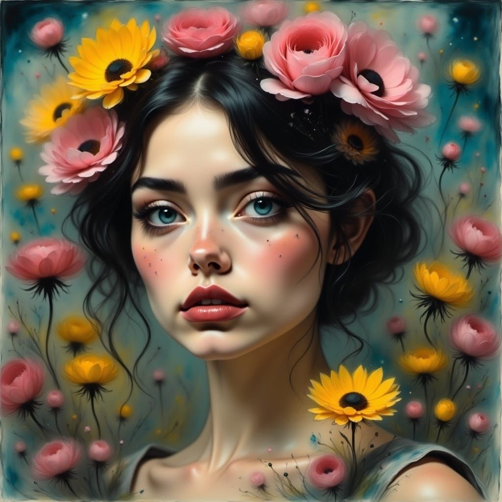 Ethereal Woman in Wildflower Dress: Painterly Portrait