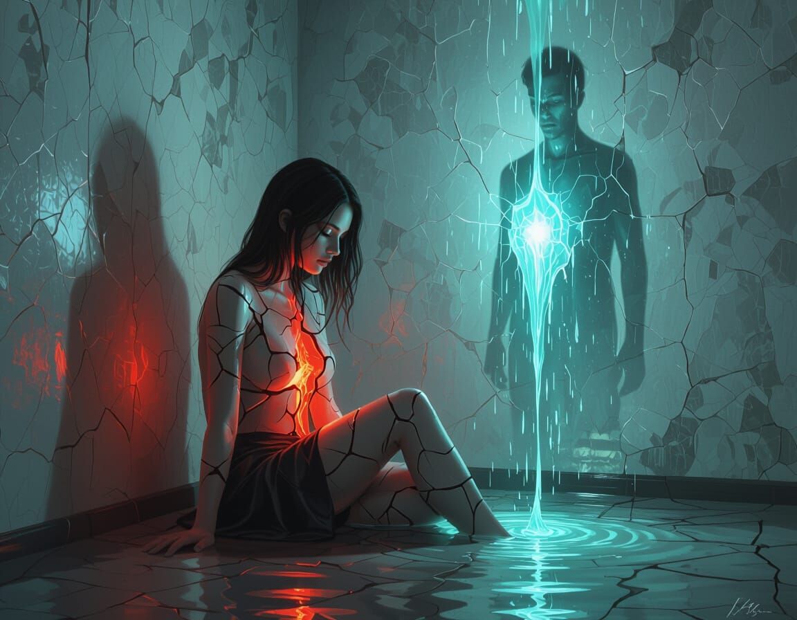 Cracked Porcelain Woman in Dim Light, Surreal Digital Art