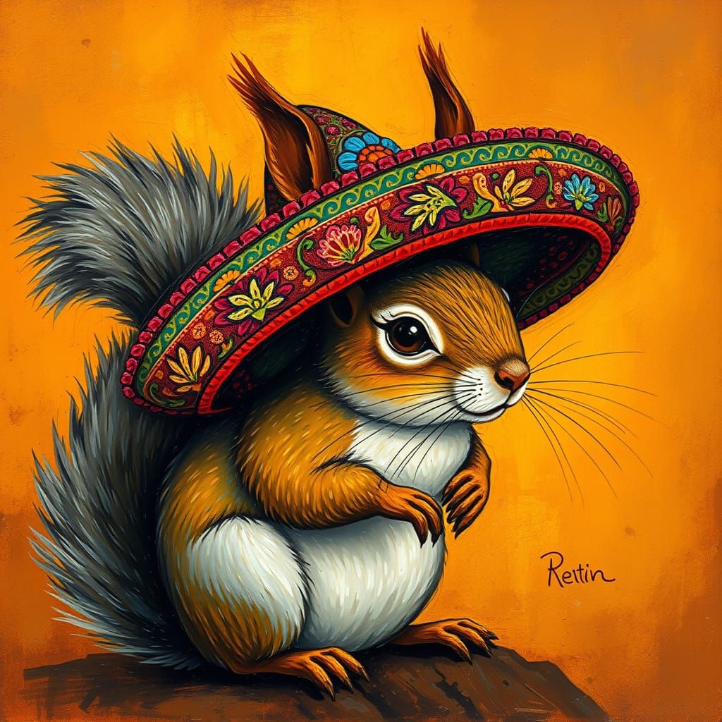 Squirrel in Sombrero Inspired by Surrealist Style