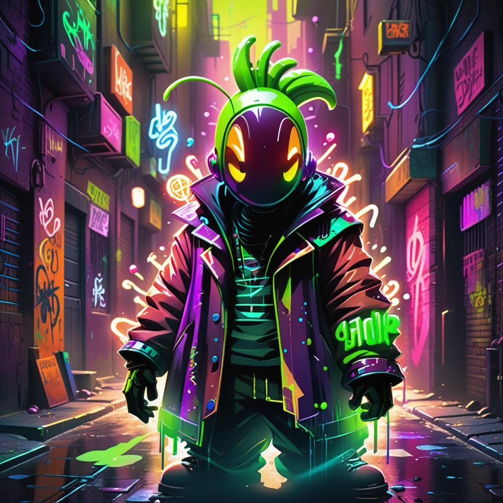 Lime Candyman in a Neon Alleyway: 3D Digital Art