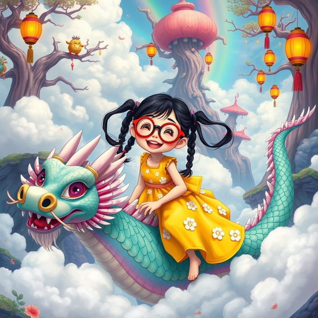 Girl Rides Dragon in Surreal Dreamscape, Whimsical Illustrat...