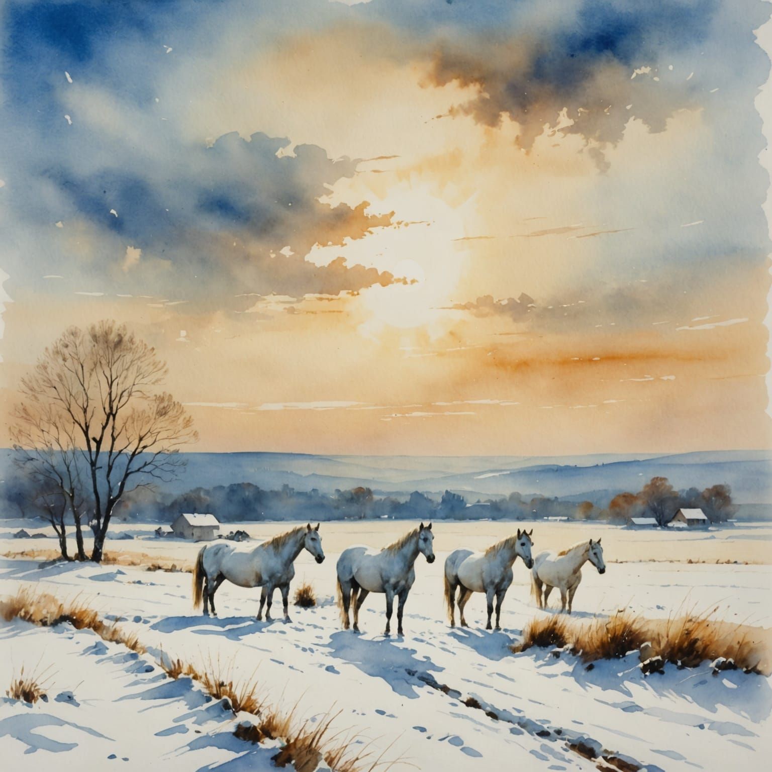 Ethereal Winter Landscapes in Watercolor Style