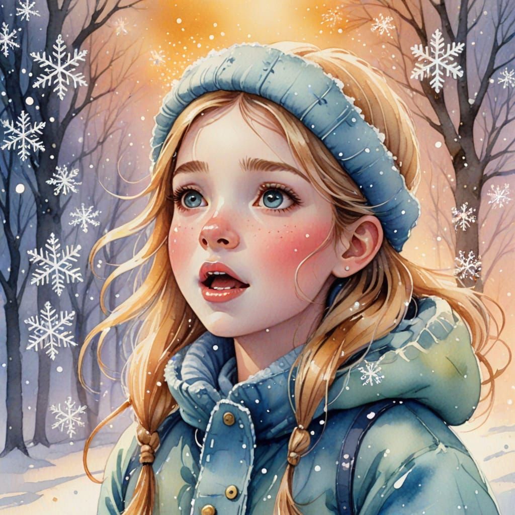 Magical Storybook Scene of Girl Catching Snowflake