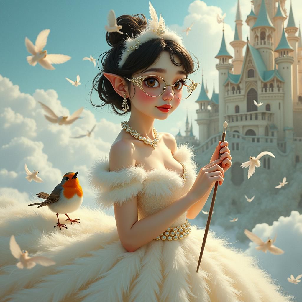 Feathered Maiden with Robin in Dreamlike Cloudscape