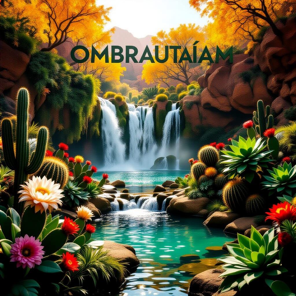 Exotic Oasis with Autumn Waterfalls and Martian Flora