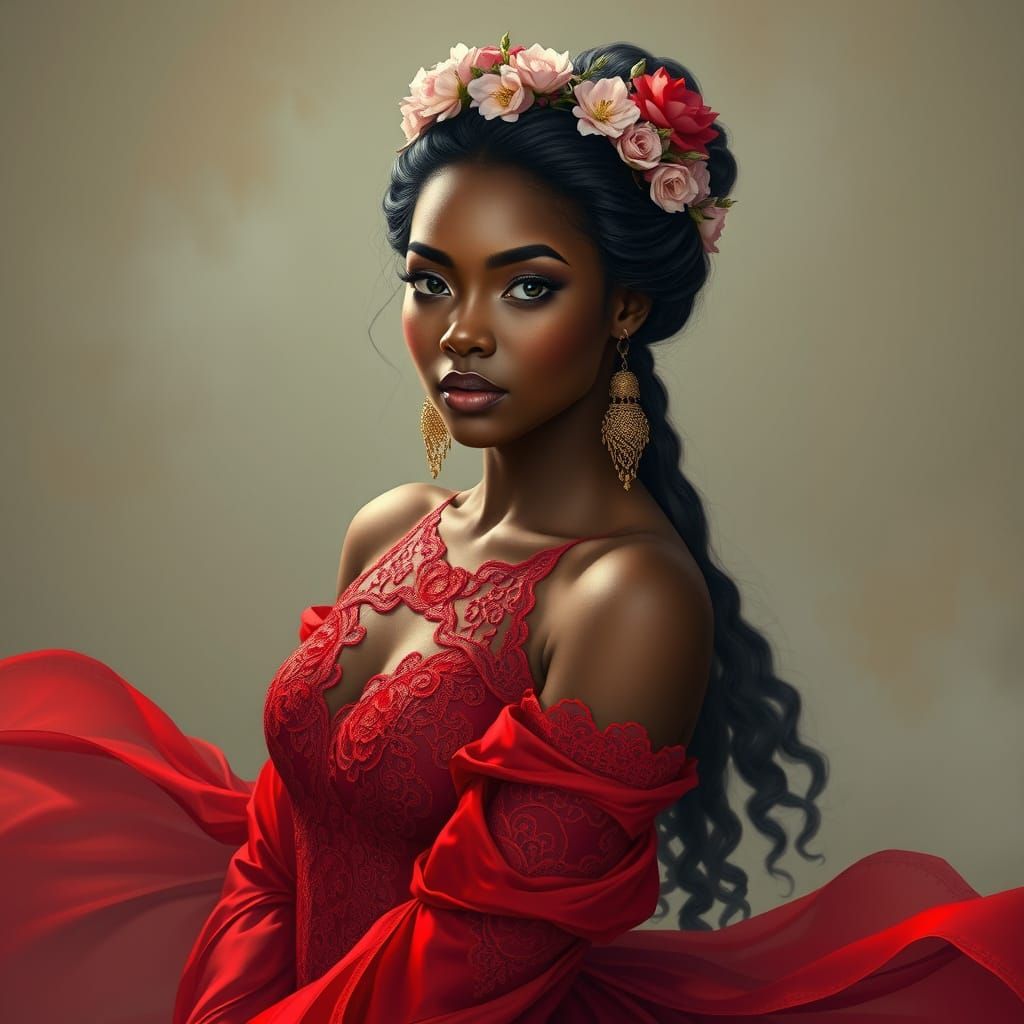 Fantasy Empress in Flowing Red Dress: Hyperrealistic Art