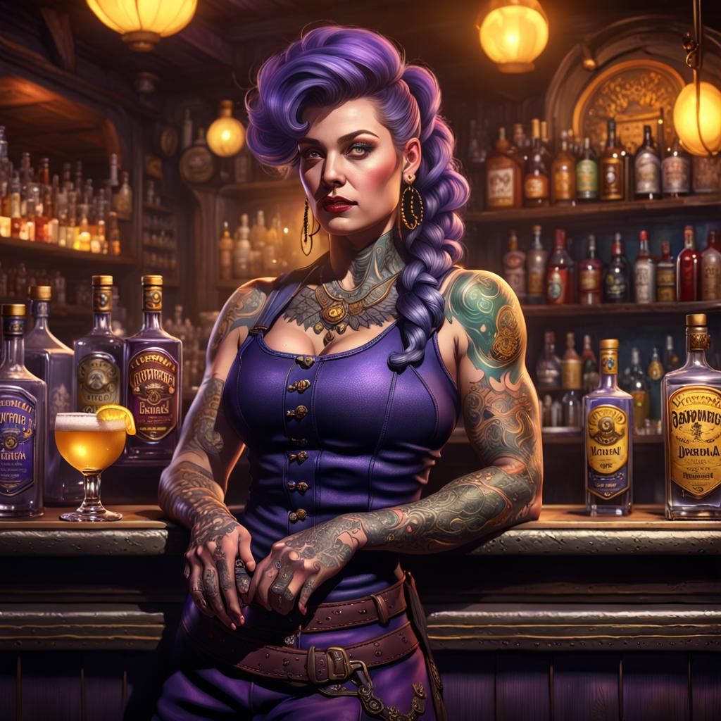 Dark Fantasy Bartender in Style of Art Nouveau