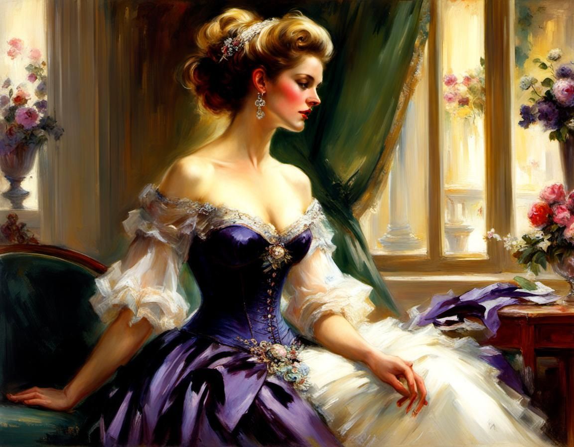 Elegant Aristocrat Dress Shopping as Oil Painting