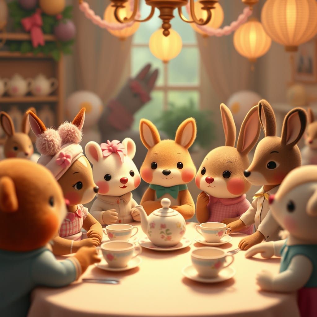 Cartoon Animals Tea Party, Cinematic Film Aesthetic