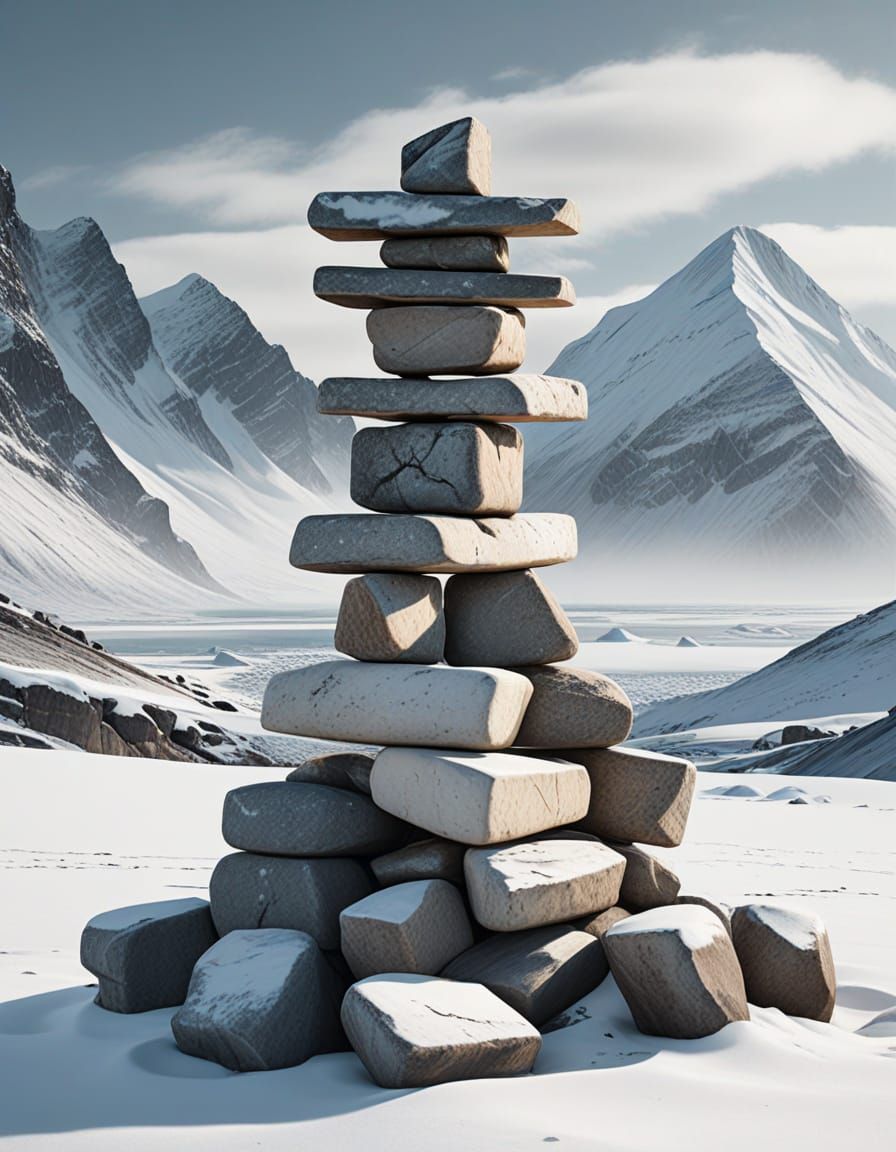 Arctic Inukshuk in Snow Covered Barren Landscape