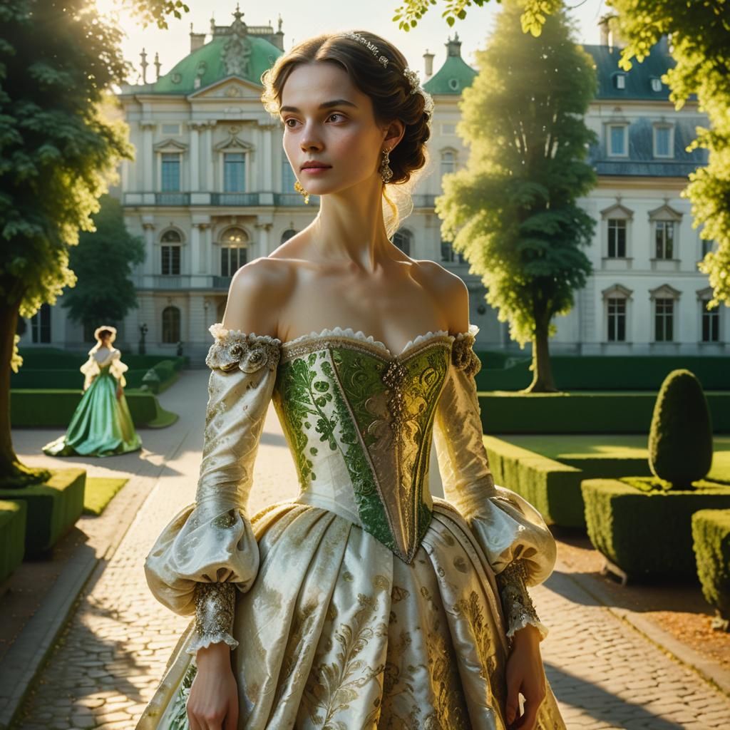 Baroque Lady in Park: Cinematic Film Still