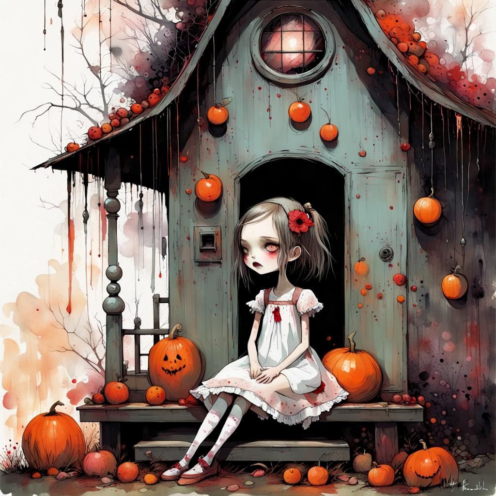Whimsical Zombie Girl in Spooky House