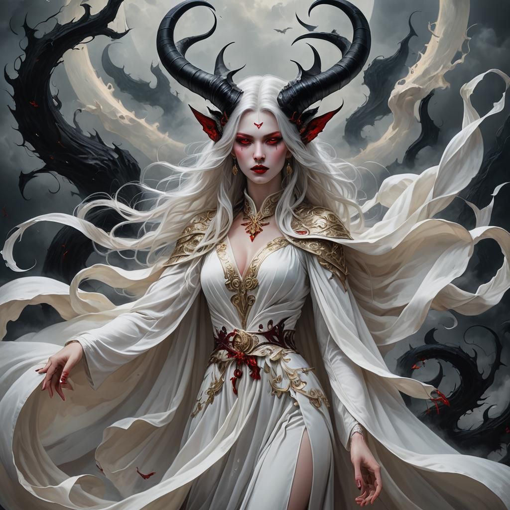 Ethereal Demonic Woman in White Robes