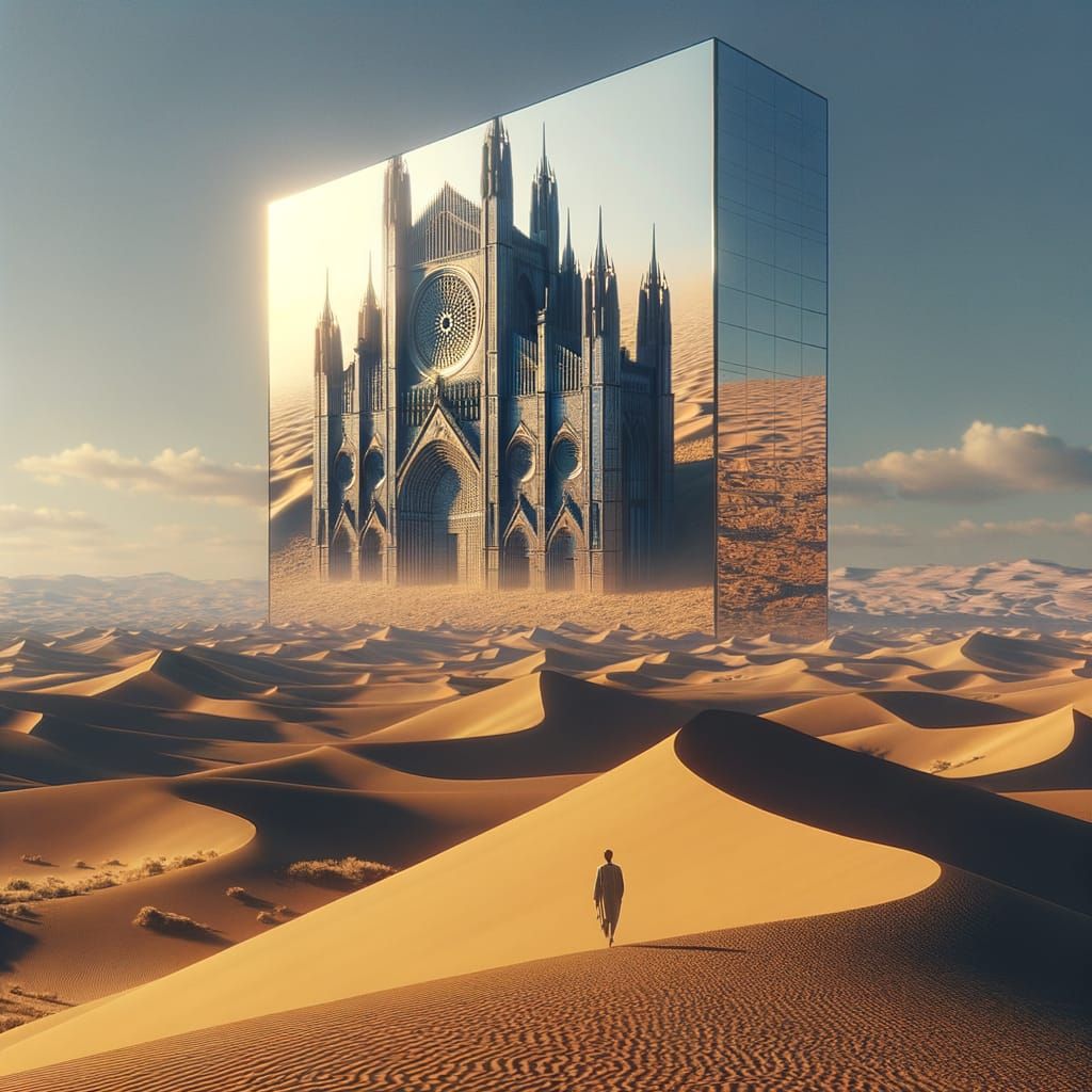 Dystopian Desert: Mirrored Tower Reflecting Sand Cathedral