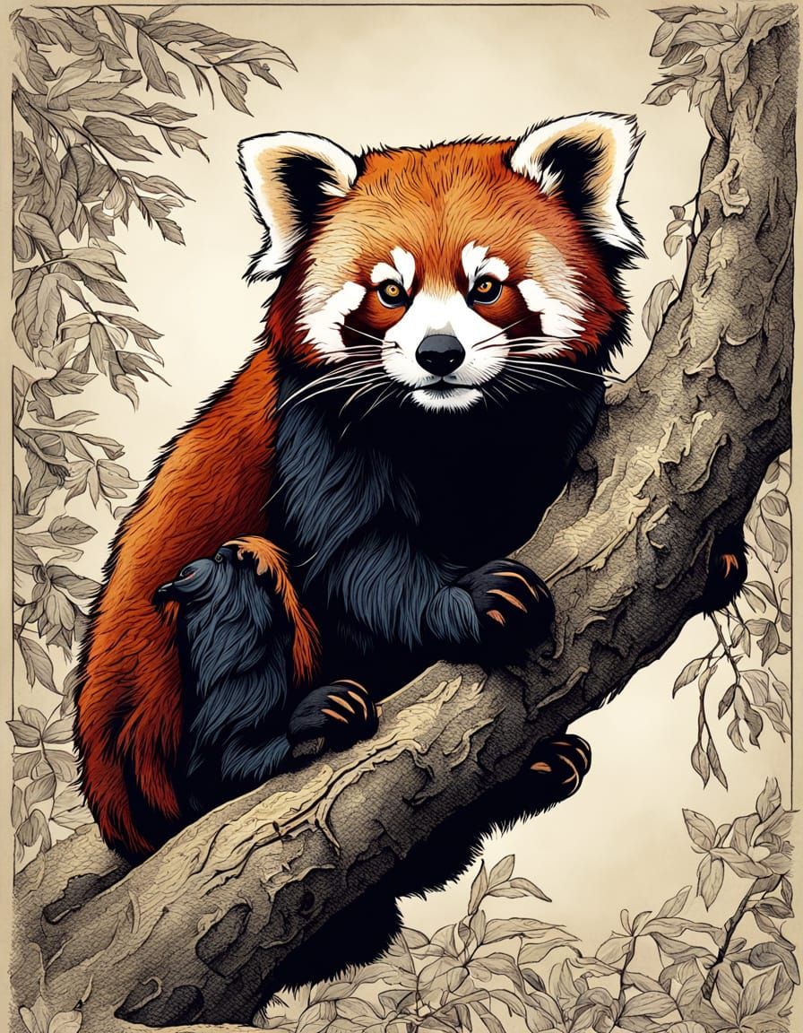 Red Panda Portrait in Renaissance Woodcut Style