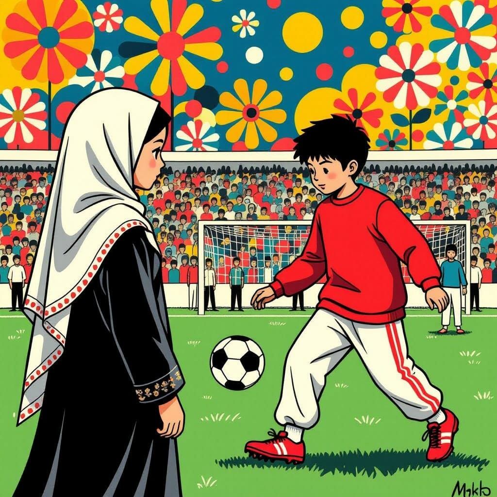 Girl in Hijab Watches Football Game, Pop Art Style