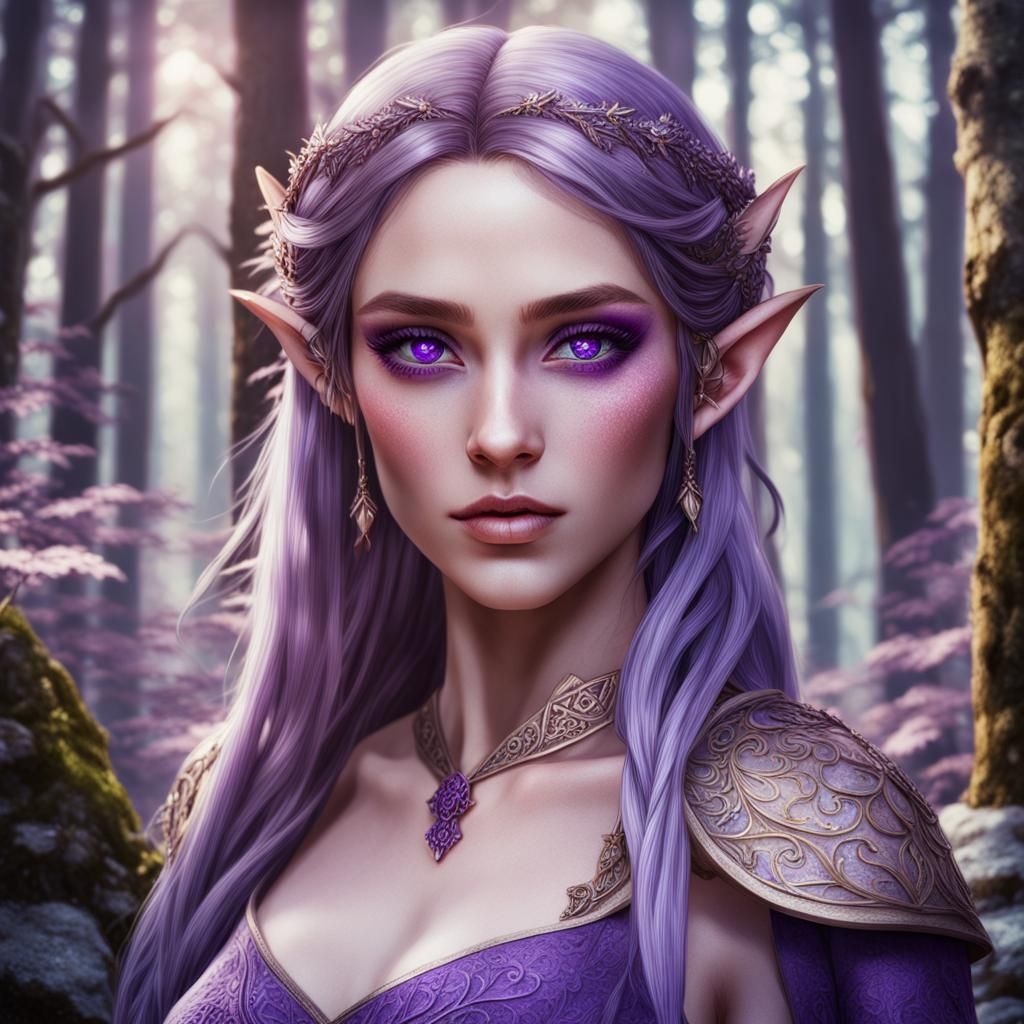 Elf Woman Portrait with Purple Eyes, Anime Risograph