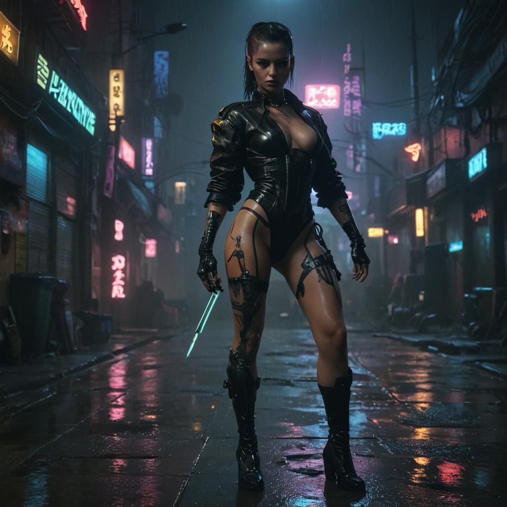 Cyberpunk Femme in Neon-Lit Night