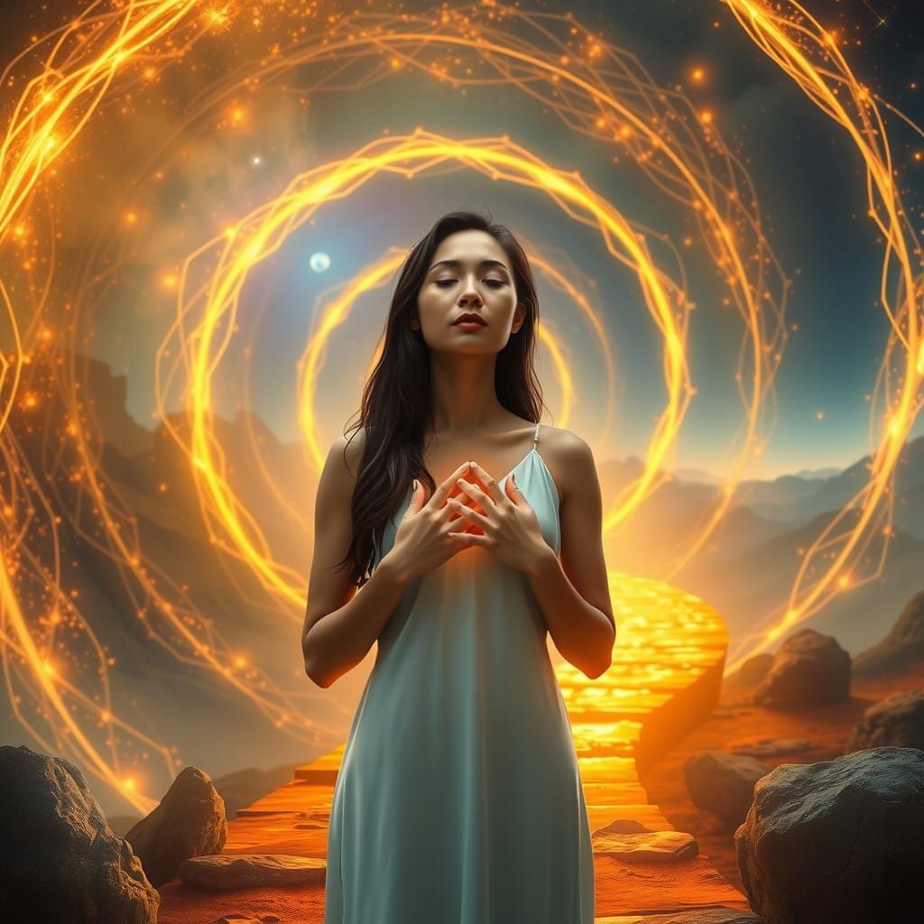 Visionary Woman in Harmony with Nature and Technology