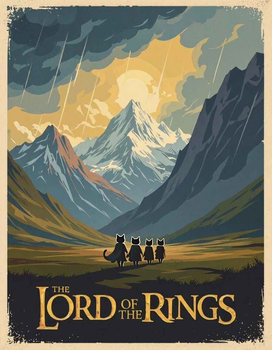 Lord of the Rings Fellowship as Cats in Vintage Travel Poste...