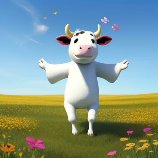 Anthropomorphic Cow Dancing in Flower Meadow