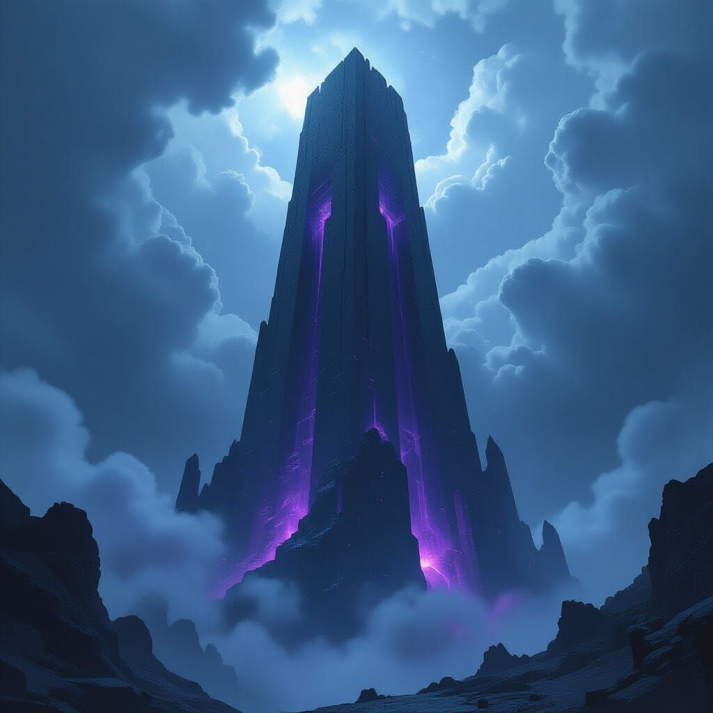 Colossal Obsidian Tower in Stormy Alien Sky