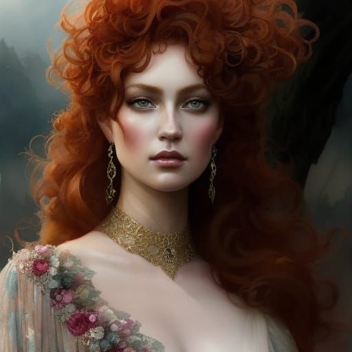 Red-Haired Goddess Portrait in Watercolor Fantasycore Style