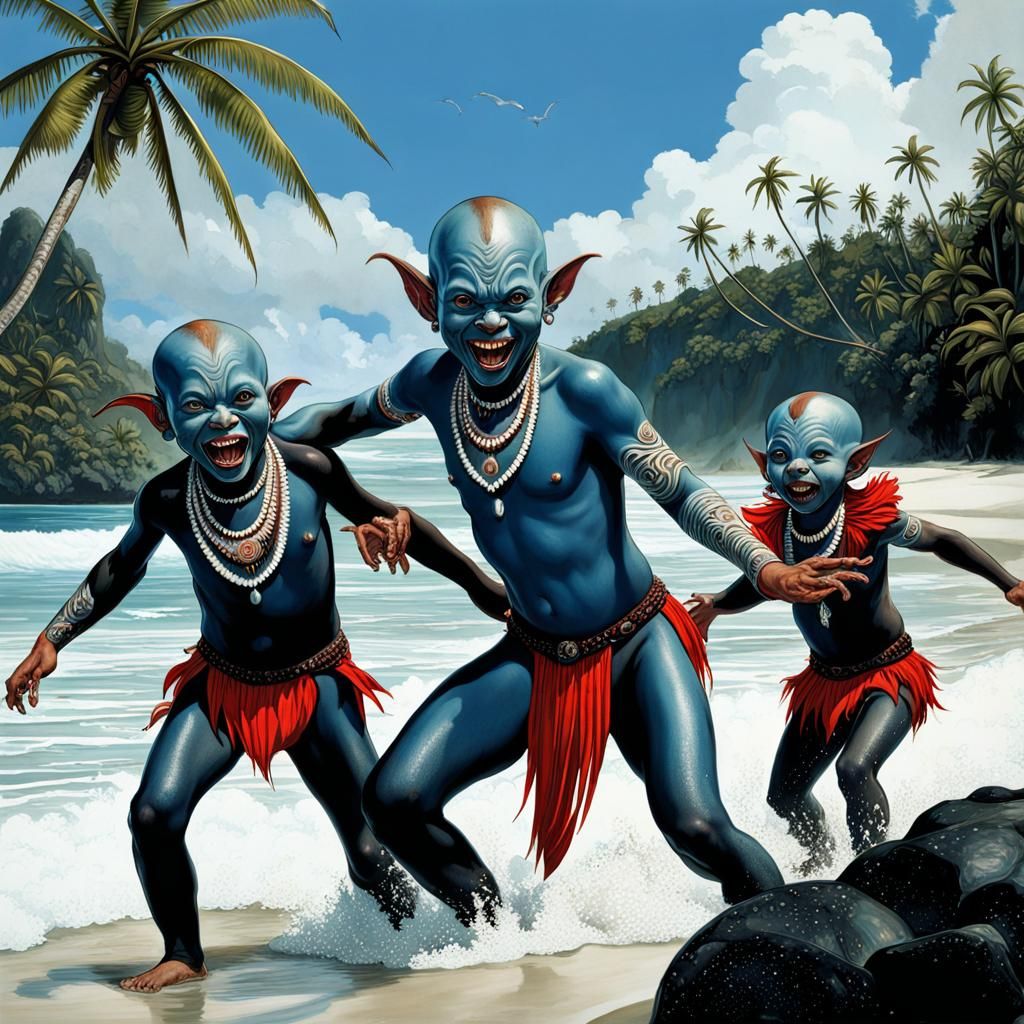 Maori Goblin Children Playing on Raja Ampat Beach