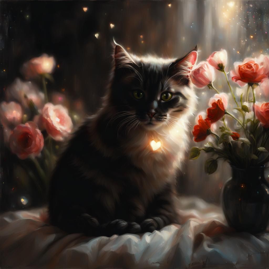 Cat with Flowers Painting in Hyperrealistic Style