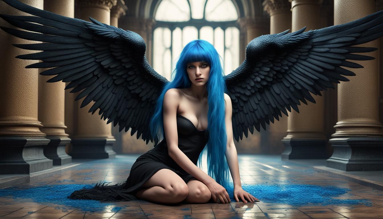 Fallen Angel with Blue Hair in Photorealistic Detail