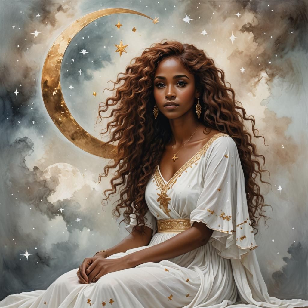 Ethereal Somali Woman on Crescent Moon in Oil Painting
