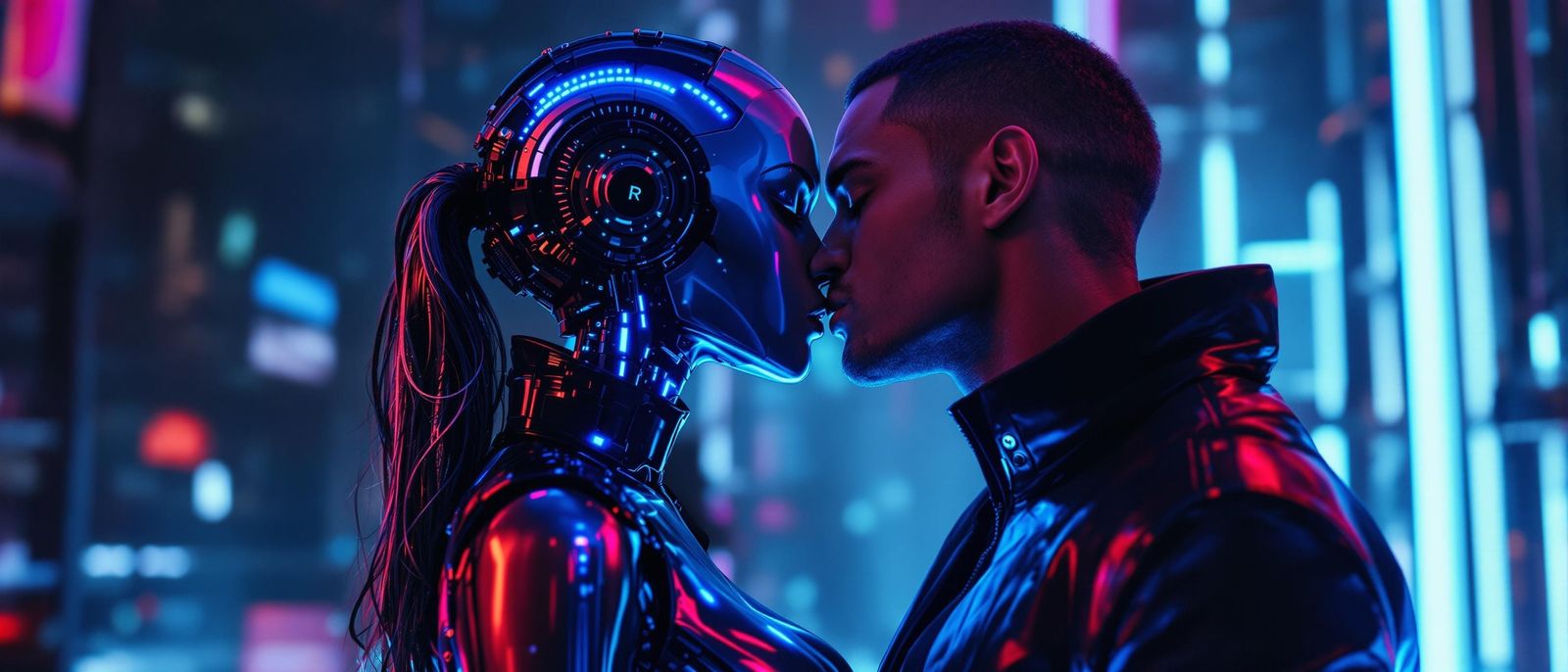 Cyberpunk Couple in Neon-Lit Embrace