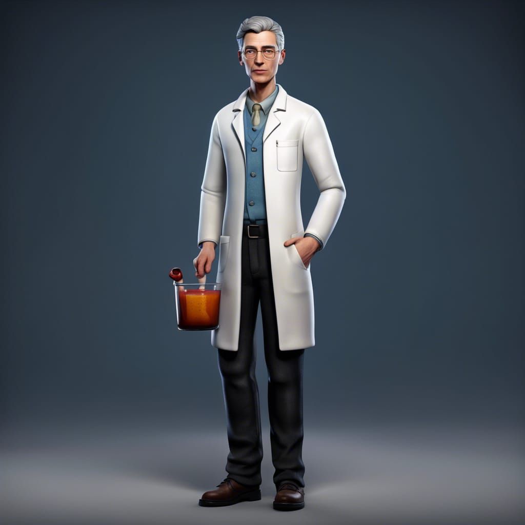 German Male in Lab Coat Inspects Skeleton