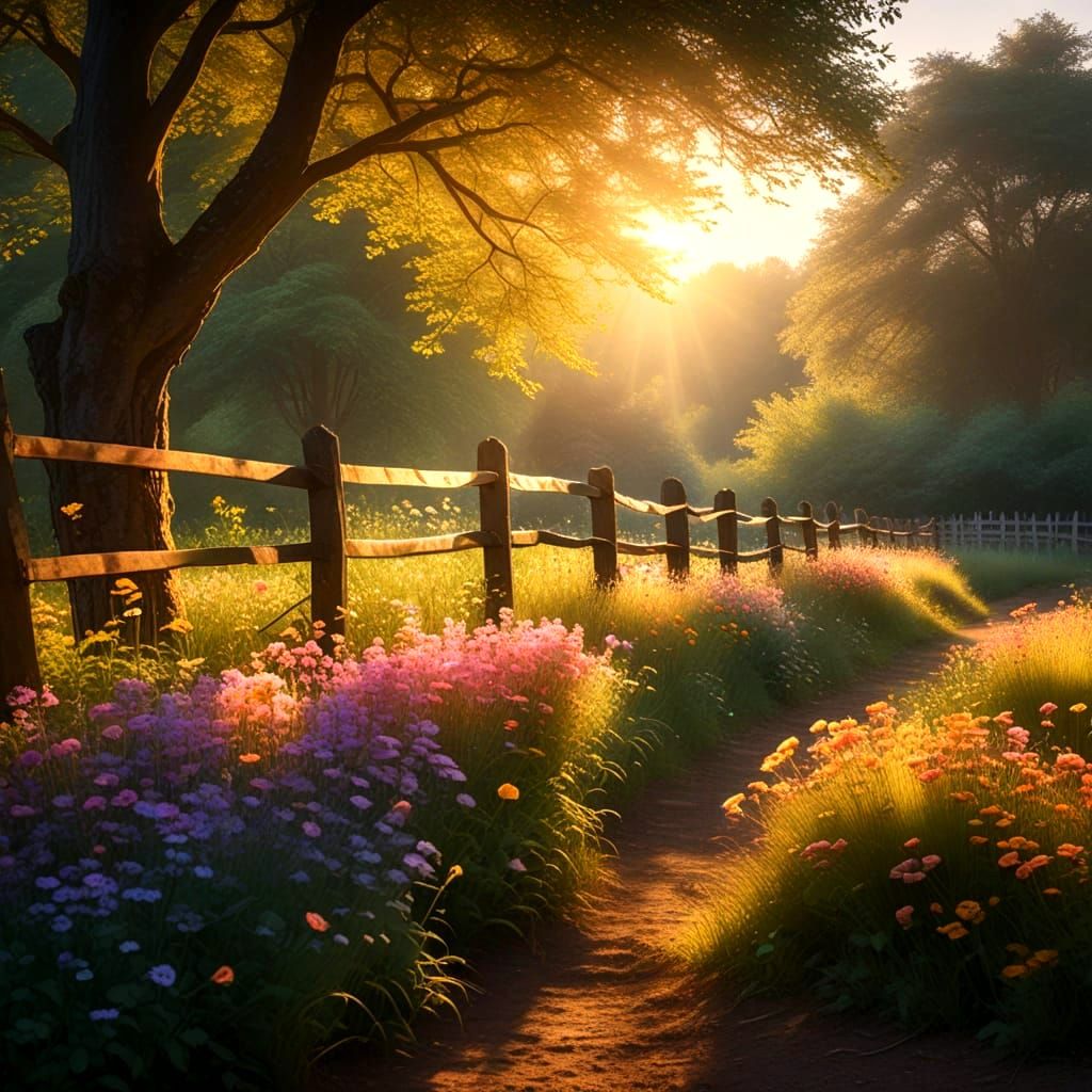 Whimsical Forest Scene with Flowers and Bird in Golden Hour ...