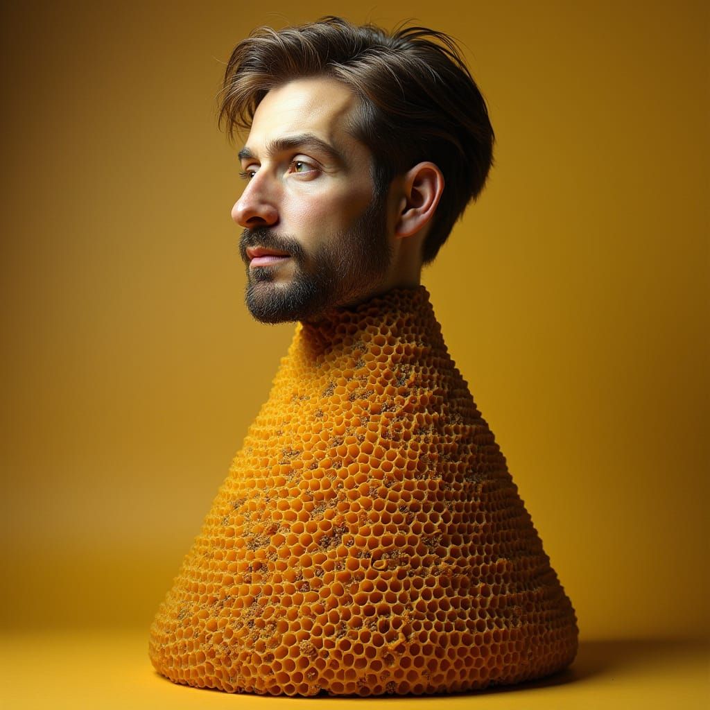 Man on Vibrant Geometric Beehive in Dreamlike Light