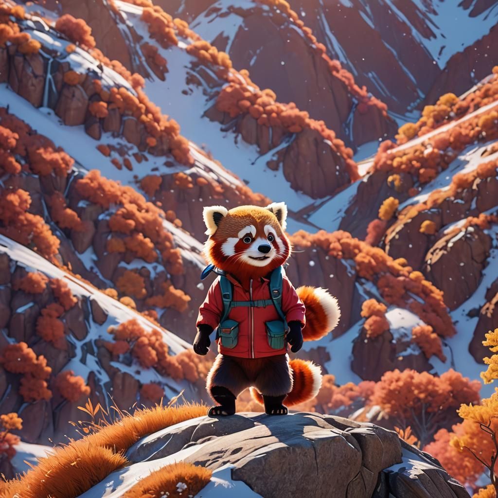 Red Panda Climbs Mountain in Pixar 3D Style