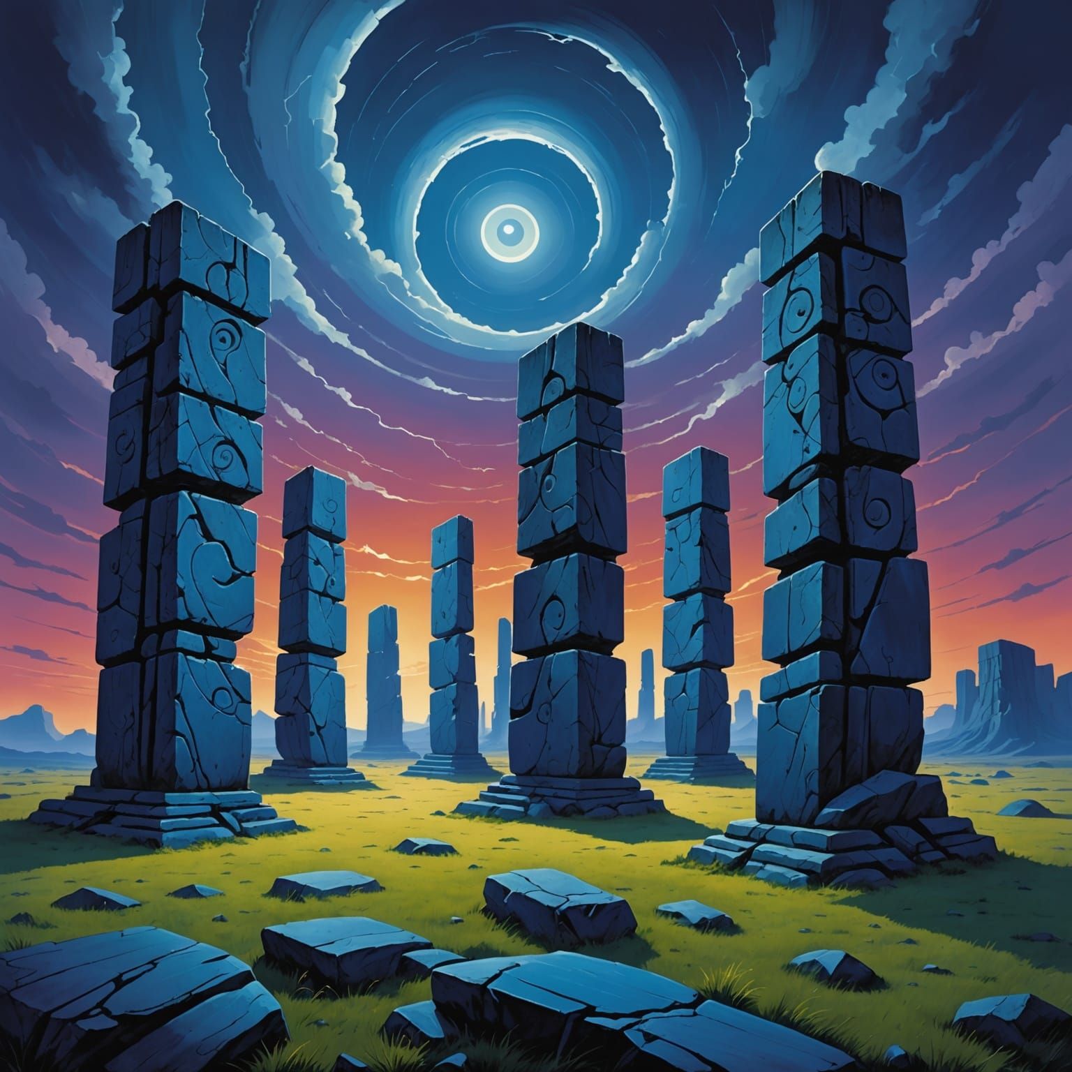 Monoliths on Windswept Plateau at Twilight