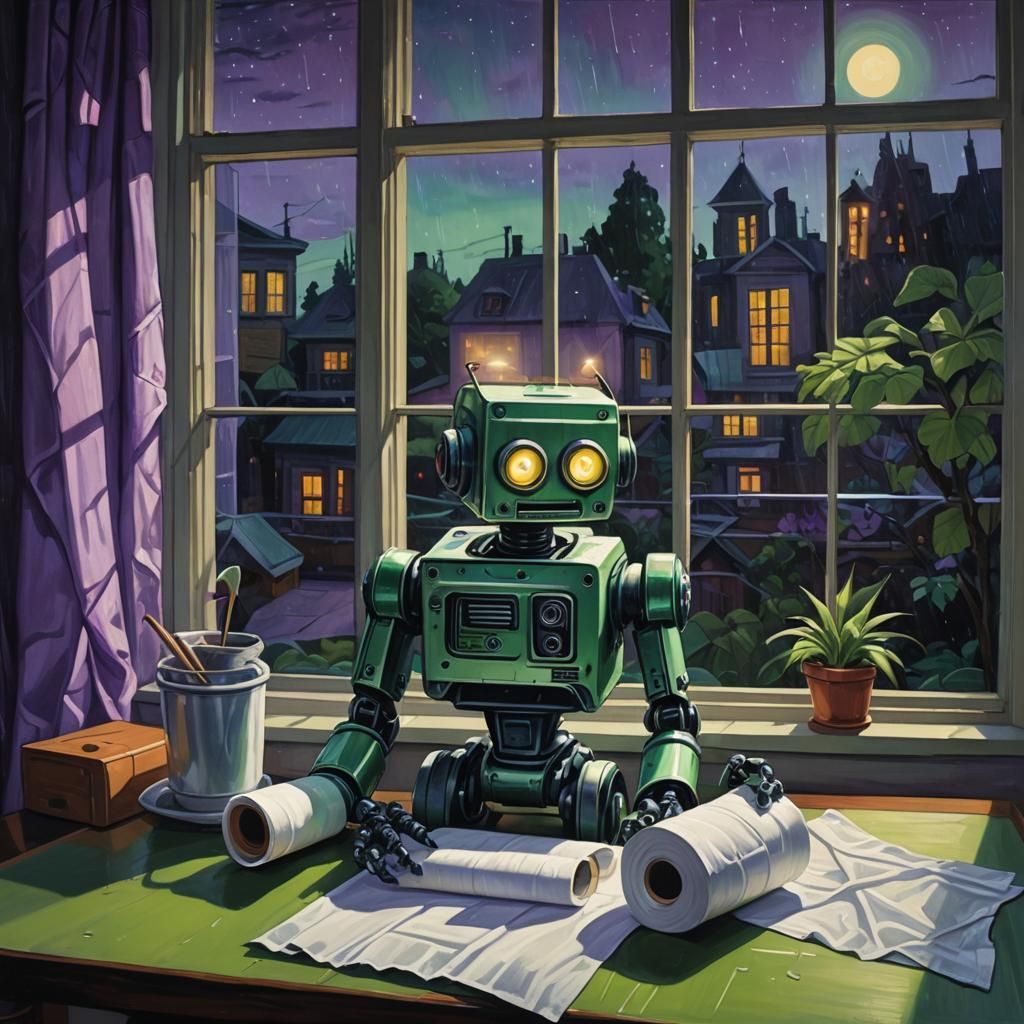 Robot and Toilet Paper Still Life in Oil Paint