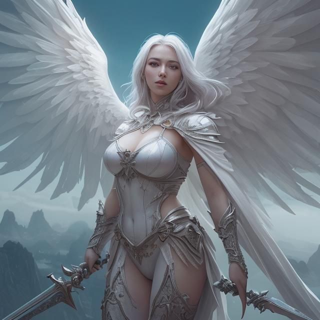Dramatic Angel of War with Big Sword and Wings