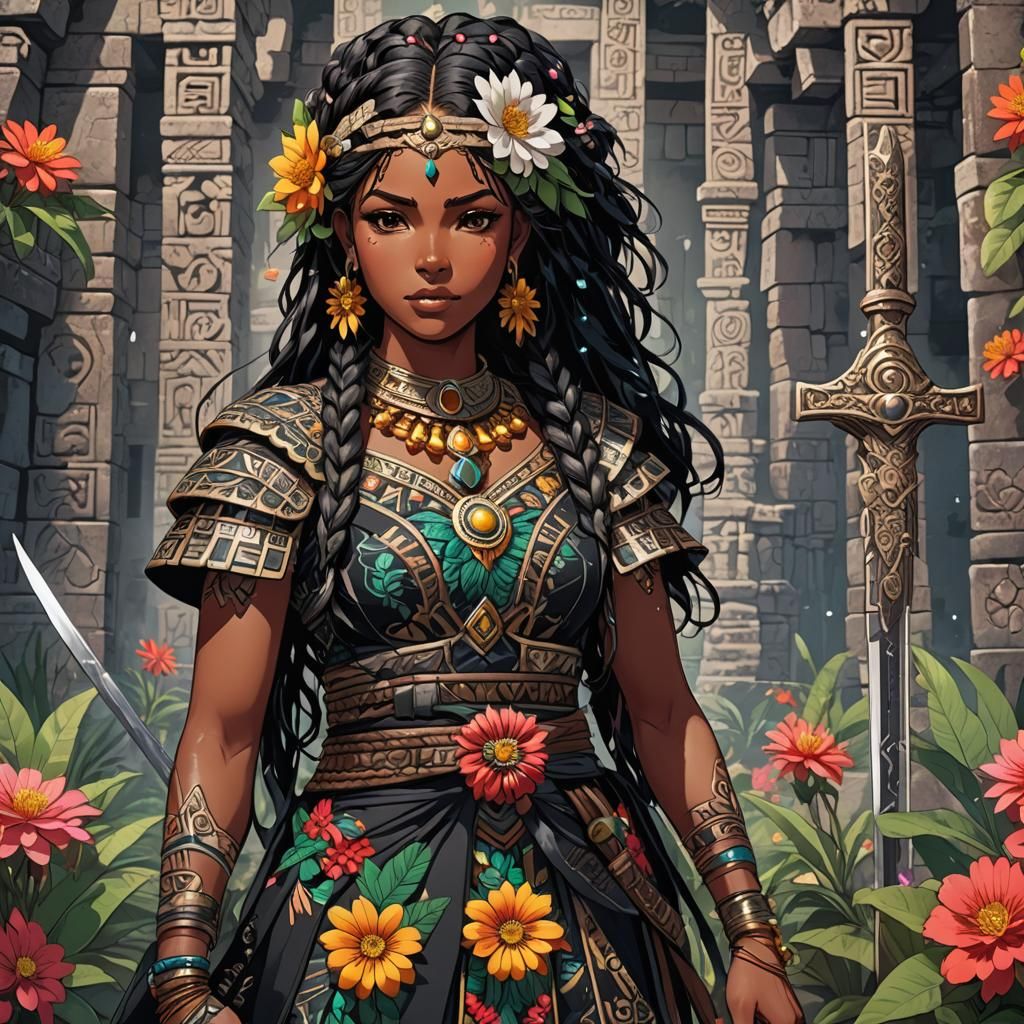 Latina Anime Girl with Obsidian Sword in Mayan Ruins