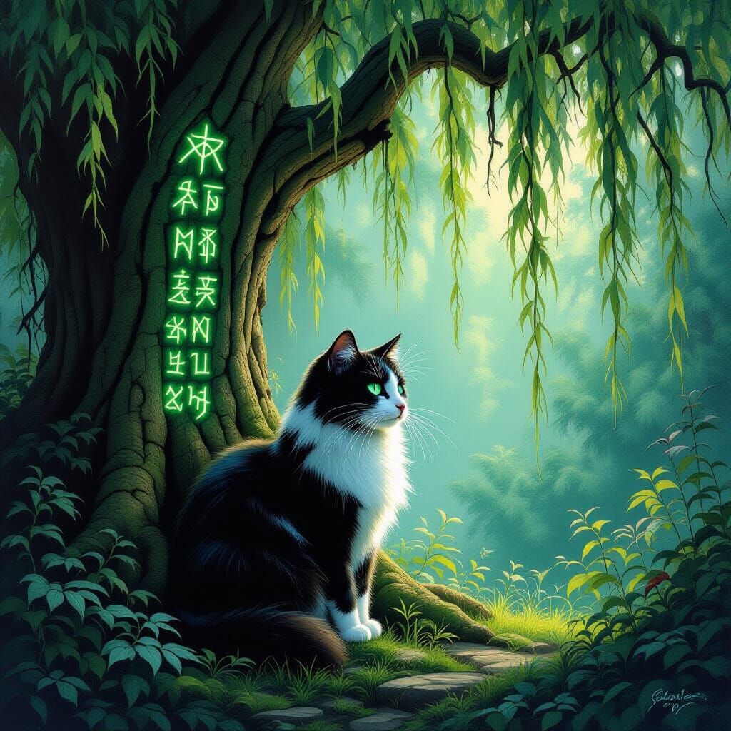 Serene Cat in Magical Garden, Surreal Dreamlike Style
