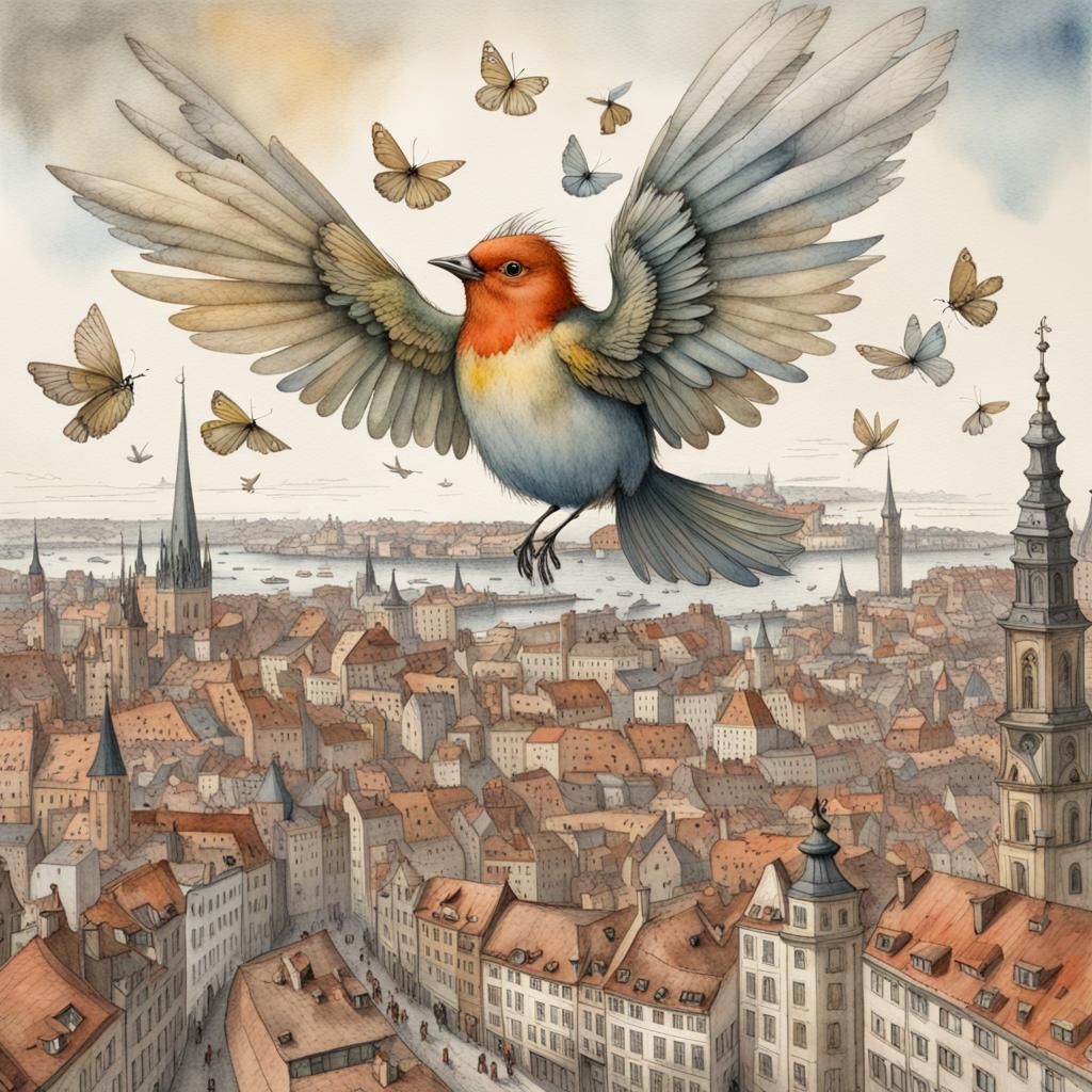 Bird Carrying Fairytale People Over Stockholm