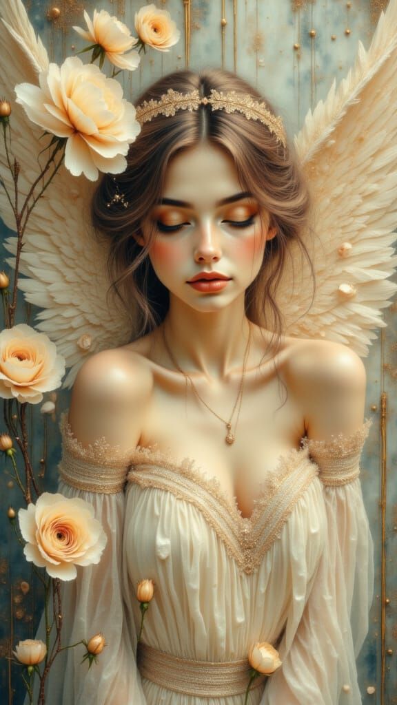 Serene Angelic Woman in Celestial Rose Garden