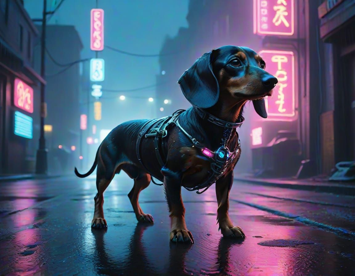 Dark Fantasy Dachshund Skeleton in Neon Alleyway