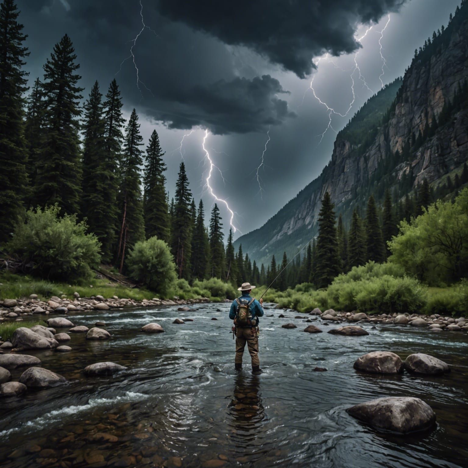 Hyperrealistic Fly Fishing During Lightning Storm