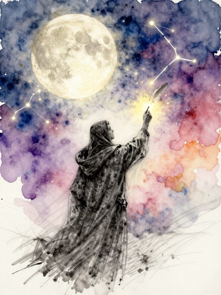 Moonlit Mage Sketches Constellations in Vibrant Watercolor