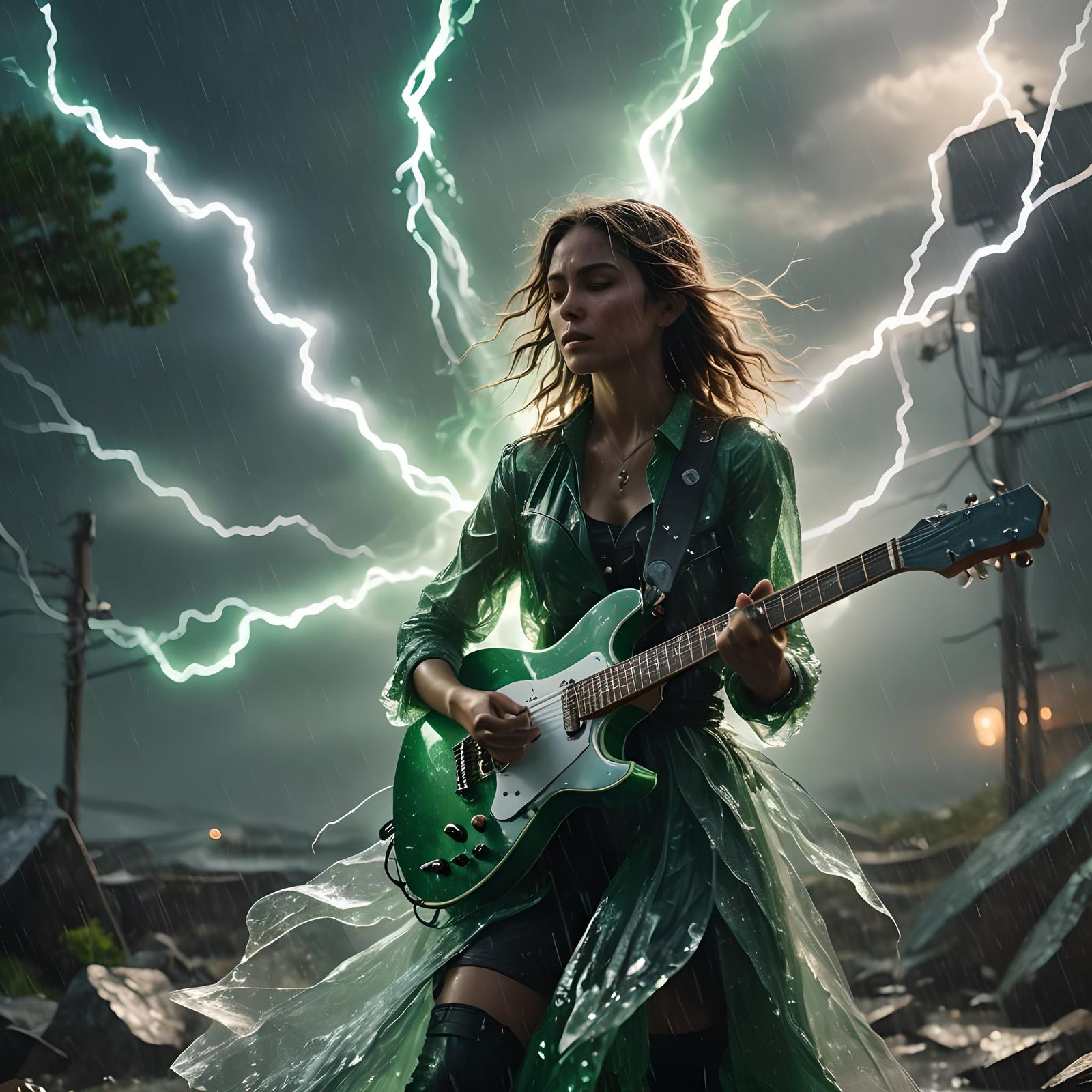 Crystalline Guitarist in Storm, Cyberpunk Film Still