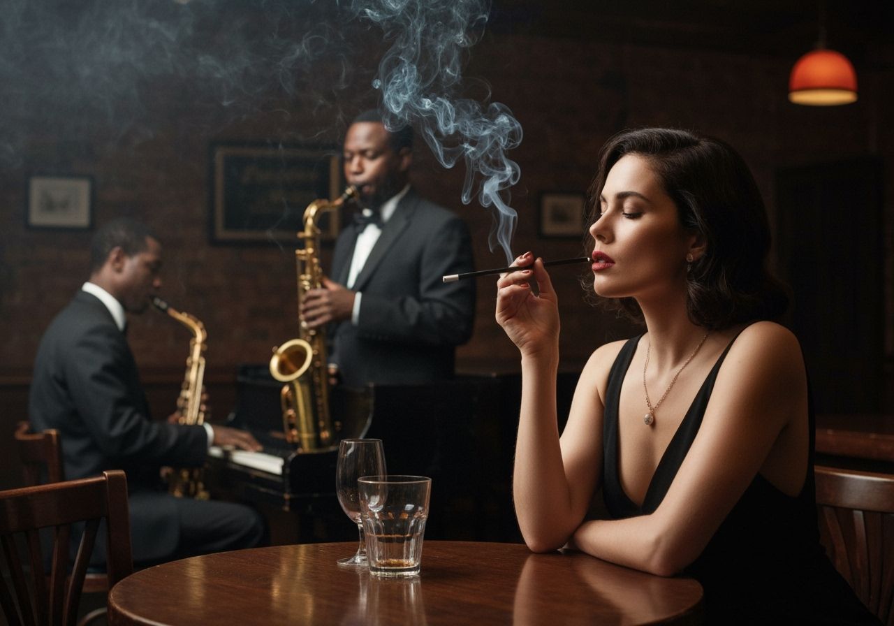 Elegant Woman in Smoky Jazz Bar, Cinematic Film Still