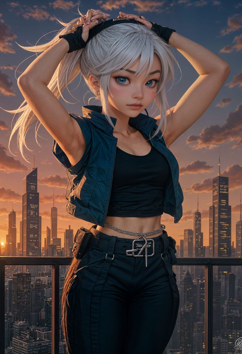 Anime Woman on Rooftop Tying Hair at Sunset