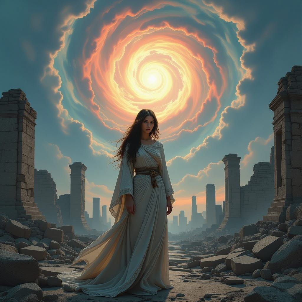 Princess in Ancient Ruins Under Cosmic Sky